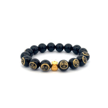 Load image into Gallery viewer, 24K Yellow Gold Money Bag Lucky Bracelet Carved Black Agate Gemstones 10mm - Rafant