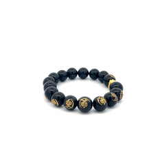 Load image into Gallery viewer, 24K Yellow Gold Money Bag Lucky Bracelet Carved Black Agate Gemstones 10mm - Rafant