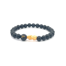 Load image into Gallery viewer, 18K Gold Pixiu Piyao Bracelet Natural Gemstones Onyx 6mm Elastic Bracelet Letter Initial Agate S6.5" - Rafant