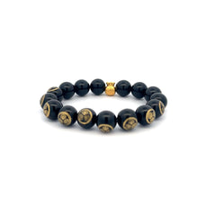 Load image into Gallery viewer, 24K Yellow Gold Money Bag Lucky Bracelet Carved Black Agate Gemstones 10mm - Rafant