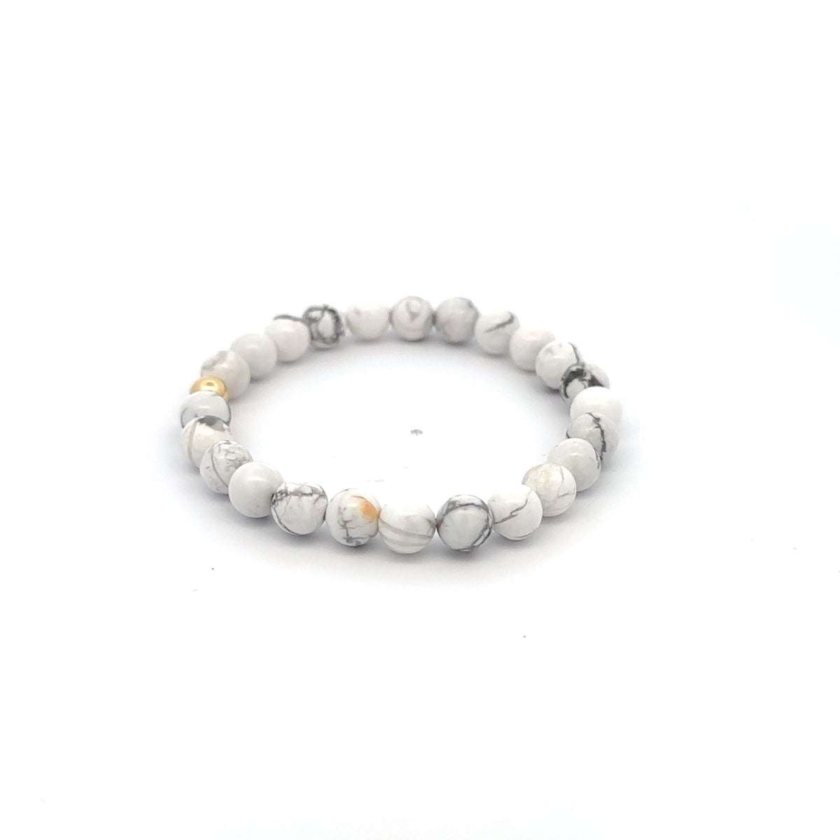 Natural White Howlite Gemstones 6mm Stretchable Bracelet 18k Gold Bead Charm - Rafant