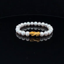 Load image into Gallery viewer, 24K Gold Piyao Pixiu Lucky Charm Bracelet Gemstone Natural Freshwater Pearl Light Grey 6mm - Rafant