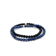 Load image into Gallery viewer, Onyx & Lapis Lazuli Gemstone Stretch Bracelet with 14K Gold Accent Bead Handmade