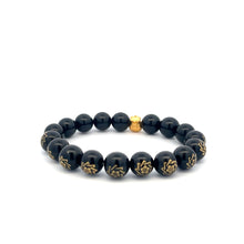 Load image into Gallery viewer, 24K Yellow Gold Money Bag Lucky Bracelet Carved Black Agate Gemstones 10mm - Rafant