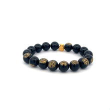 Load image into Gallery viewer, 24K Yellow Gold Money Bag Lucky Bracelet Carved Black Agate Gemstones 10mm - Rafant