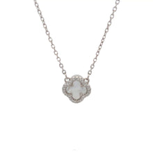 Load image into Gallery viewer, 925 Sterling Silver Necklace 17 inches Chain White Mother of Pearl Cubic Zirconia Clover Pendant