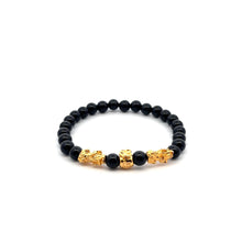Load image into Gallery viewer, 18K Gold Dragon Pixiu Double Piyao Money Bag Lucky Charm Bracelet Gemstones Onyx 6mm - Rafant