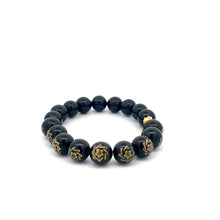 Load image into Gallery viewer, 24K Yellow Gold Money Bag Lucky Bracelet Carved Black Agate Gemstones 10mm - Rafant