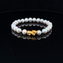 Load image into Gallery viewer, 18K Gold Dragon Pixiu Piyao Lucky Charm Beads Bracelet Gemstones Freshwater Light Grey Pearl - Rafant