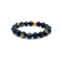 Load image into Gallery viewer, 24K Yellow Gold Money Bag Lucky Bracelet Carved Black Agate Gemstones 10mm - Rafant