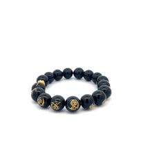 Load image into Gallery viewer, 24K Yellow Gold Money Bag Lucky Bracelet Carved Black Agate Gemstones 10mm - Rafant