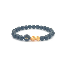 Load image into Gallery viewer, 18K Gold Pixiu Piyao Bracelet Natural Gemstones Onyx 6mm Elastic Bracelet Letter Initial Agate S6.5" - Rafant