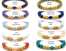 Load image into Gallery viewer, 18K Gold Dragon Pixiu Double Piyao Lucky Charm Bracelet Gemstones Birthstones 6mm Choose a Month - Rafant