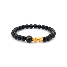 Load image into Gallery viewer, 18K Gold Pixiu Piyao Bracelet Natural Gemstones Onyx 6mm Elastic Bracelet Letter Initial Agate S6.5" - Rafant