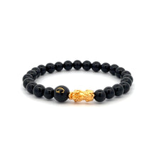 Load image into Gallery viewer, 18K Gold Pixiu Piyao Bracelet Natural Gemstones Onyx 6mm Elastic Bracelet Letter Initial Agate S6.5" - Rafant
