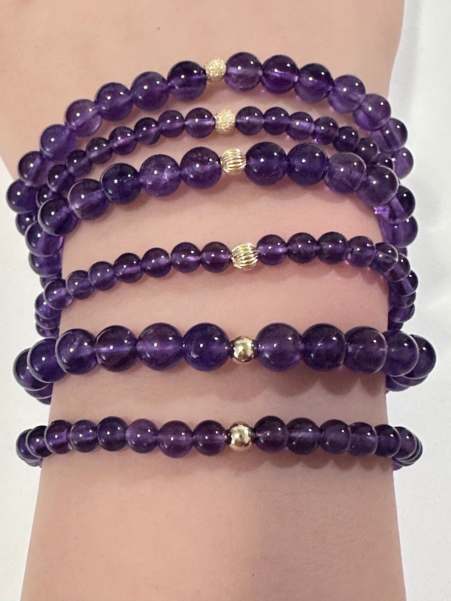 Natural Gemstones Amethyst 4mm 6mm Stretch Bracelet 14k Gold Bead Choose Stardust,Polished,Corrugated - Rafant