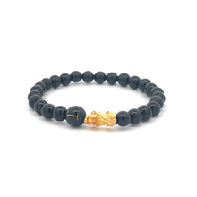 Load image into Gallery viewer, 18K Gold Pixiu Piyao Bracelet Natural Gemstones Onyx 6mm Elastic Bracelet Letter Initial Agate S6.5" - Rafant