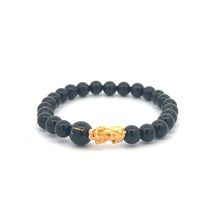 Load image into Gallery viewer, 18K Gold Pixiu Piyao Bracelet Natural Gemstones Onyx 6mm Elastic Bracelet Letter Initial Agate S6.5" - Rafant