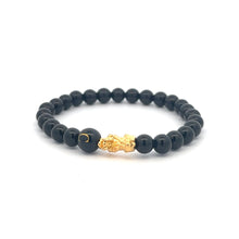 Load image into Gallery viewer, 18K Gold Pixiu Piyao Bracelet Natural Gemstones Onyx 6mm Elastic Bracelet Letter Initial Agate S6.5" - Rafant
