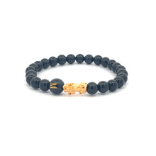 Load image into Gallery viewer, 18K Gold Pixiu Piyao Bracelet Natural Gemstones Onyx 6mm Elastic Bracelet Letter Initial Agate S6.5" - Rafant