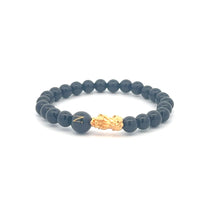 Load image into Gallery viewer, 18K Gold Pixiu Piyao Bracelet Natural Gemstones Onyx 6mm Elastic Bracelet Letter Initial Agate S6.5" - Rafant
