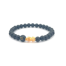 Load image into Gallery viewer, 18K Gold Pixiu Piyao Bracelet Natural Gemstones Onyx 6mm Elastic Bracelet Letter Initial Agate S6.5" - Rafant