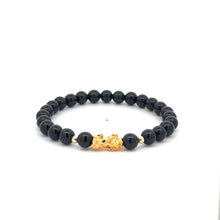 Load image into Gallery viewer, 18K Gold Dragon Pixiu Piyao Lucky Charm Beads Bracelet Gemstones Onyx 6mm Size 6 in - Rafant