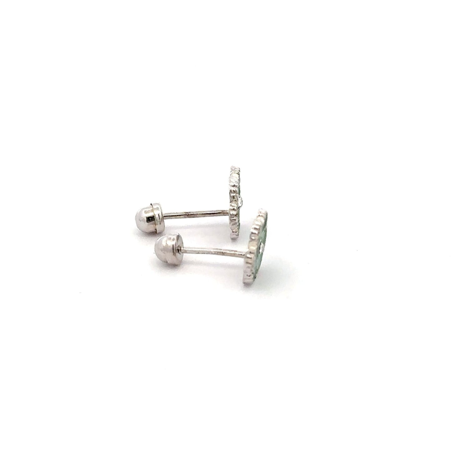 925 Sterling Silver Stud Flower Green Enamel Earrings Small Screw Back - Rafant