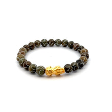 Load image into Gallery viewer, 24K Gold Piyao Pixiu Lucky Charm Bracelet Gemstones Brown Multicolor Carved Jade 8mm S6.75" - Rafant