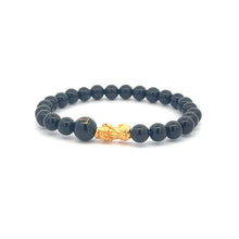 Load image into Gallery viewer, 18K Gold Pixiu Piyao Bracelet Natural Gemstones Onyx 6mm Elastic Bracelet Letter Initial Agate S6.5" - Rafant