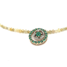 Load image into Gallery viewer, Yellow Gray Natural Faceted Diamonds 1.8 mm - 3mm and Emerald Pendant with Diamonds in 14k Gold 14 inches Choker - Rafant