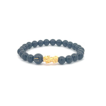 Load image into Gallery viewer, 18K Gold Pixiu Piyao Bracelet Natural Gemstones Onyx 6mm Elastic Bracelet Letter Initial Agate S6.5" - Rafant