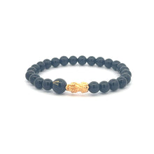 Load image into Gallery viewer, 18K Gold Pixiu Piyao Bracelet Natural Gemstones Onyx 6mm Elastic Bracelet Letter Initial Agate S6.5" - Rafant