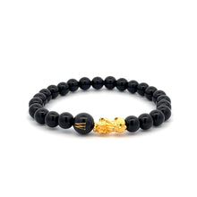 Load image into Gallery viewer, 18K Gold Pixiu Piyao Bracelet Natural Gemstones Onyx 6mm Elastic Bracelet Letter Initial Agate S6.5" - Rafant