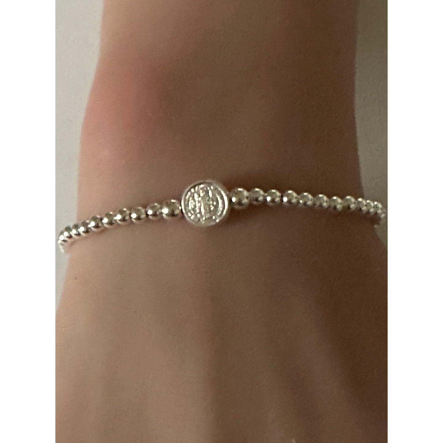 925 Sterling Silver Beaded Stretch Stacking Bracelet St. Benedict Religious Charm Minimalist - Rafant