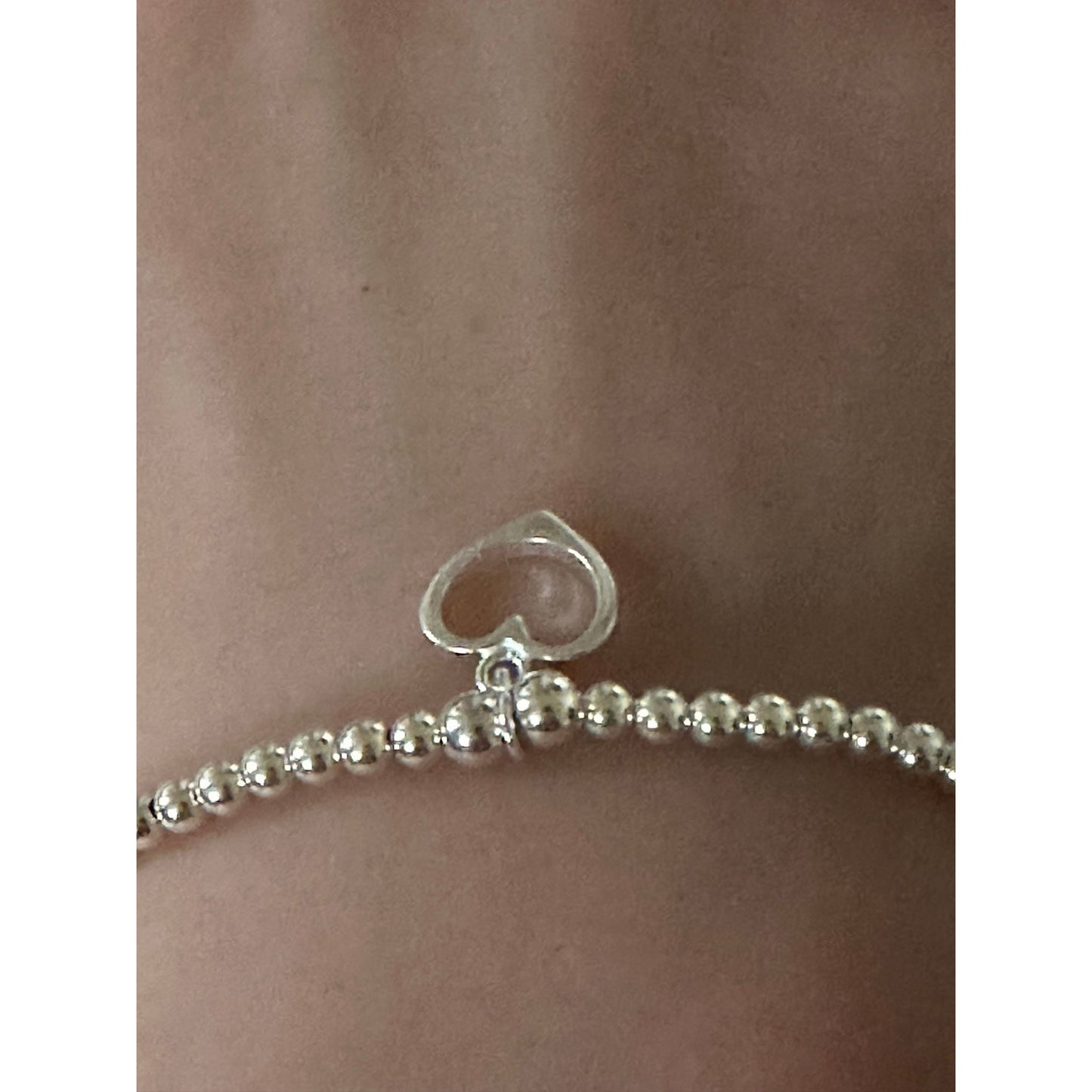 925 Sterling Silver Beaded Stretch Stacking Bracelet Open Heart Charm Minimalist Size 7" - Rafant