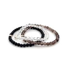 Load image into Gallery viewer, Onyx Smoky & Clear Quartz Gemstone Stretch Bracelet with 14K Gold Accent Bead Handmade