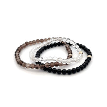 Load image into Gallery viewer, Onyx Smoky & Clear Quartz Gemstone Stretch Bracelet with 14K Gold Accent Bead Handmade