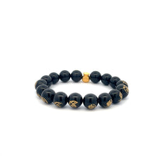 Load image into Gallery viewer, 24K Yellow Gold Money Bag Lucky Bracelet Carved Black Agate Gemstones 10mm - Rafant