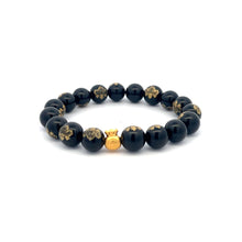 Load image into Gallery viewer, 24K Yellow Gold Money Bag Lucky Bracelet Carved Black Agate Gemstones 10mm - Rafant
