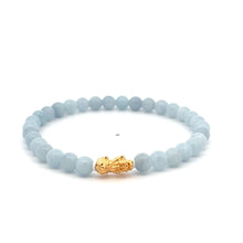 Load image into Gallery viewer, 18K Gold Pixiu Piyao Lucky Charm Bracelet Natural Aquamarine Gemstones 6mm Size 7.5 in - Rafant