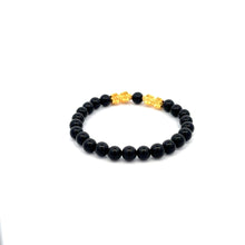 Load image into Gallery viewer, 18K Gold Dragon Pixiu Double Piyao Lucky Charm Bracelet Gemstones Onyx 6mm - Rafant