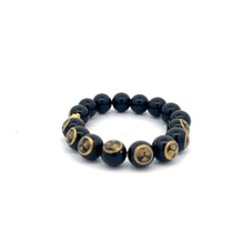 Load image into Gallery viewer, 24K Yellow Gold Money Bag Lucky Bracelet Carved Black Agate Gemstones 10mm - Rafant