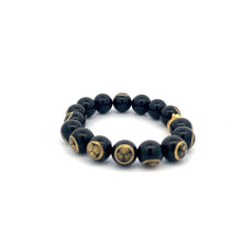 Load image into Gallery viewer, 24K Yellow Gold Money Bag Lucky Bracelet Carved Black Agate Gemstones 10mm - Rafant