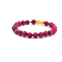 Load image into Gallery viewer, 18K Gold Dragon Pixiu Piyao Lucky Charm Bracelet Gemstones Pink Tiger's Eye 6mm - Rafant