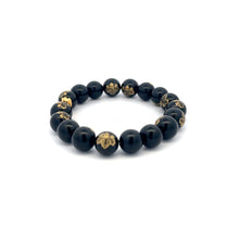 Load image into Gallery viewer, 24K Yellow Gold Money Bag Lucky Bracelet Carved Black Agate Gemstones 10mm - Rafant