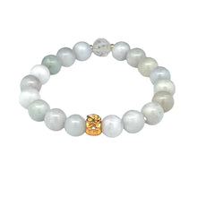 Load image into Gallery viewer, 18K Solid Gold Money Bag Lucky Charm Bracelet - Natural Jade & Clear Quartz Lotus 7.5 - 8mm Gemstone Stretch Bracelet