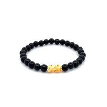 Load image into Gallery viewer, 18K Gold Pixiu Piyao Bracelet Natural Gemstones Onyx 6mm Elastic Bracelet S7.5" - Rafant