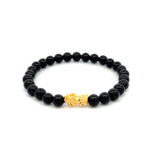 Load image into Gallery viewer, 18K Gold Pixiu Piyao Bracelet Natural Gemstones Onyx 6mm Elastic Bracelet S7.5" - Rafant