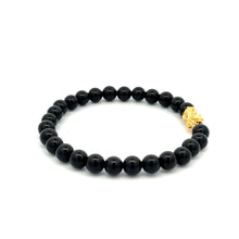 Load image into Gallery viewer, 18K Gold Pixiu Piyao Bracelet Natural Gemstones Onyx 6mm Elastic Bracelet S7.5" - Rafant